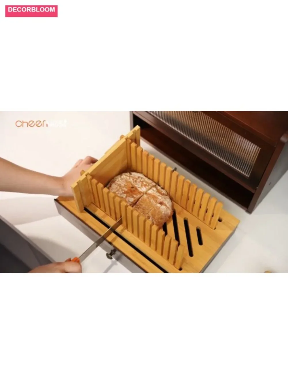 Solid Pine Wood Bread Box with Bamboo Slicer for Kitchen Countertop